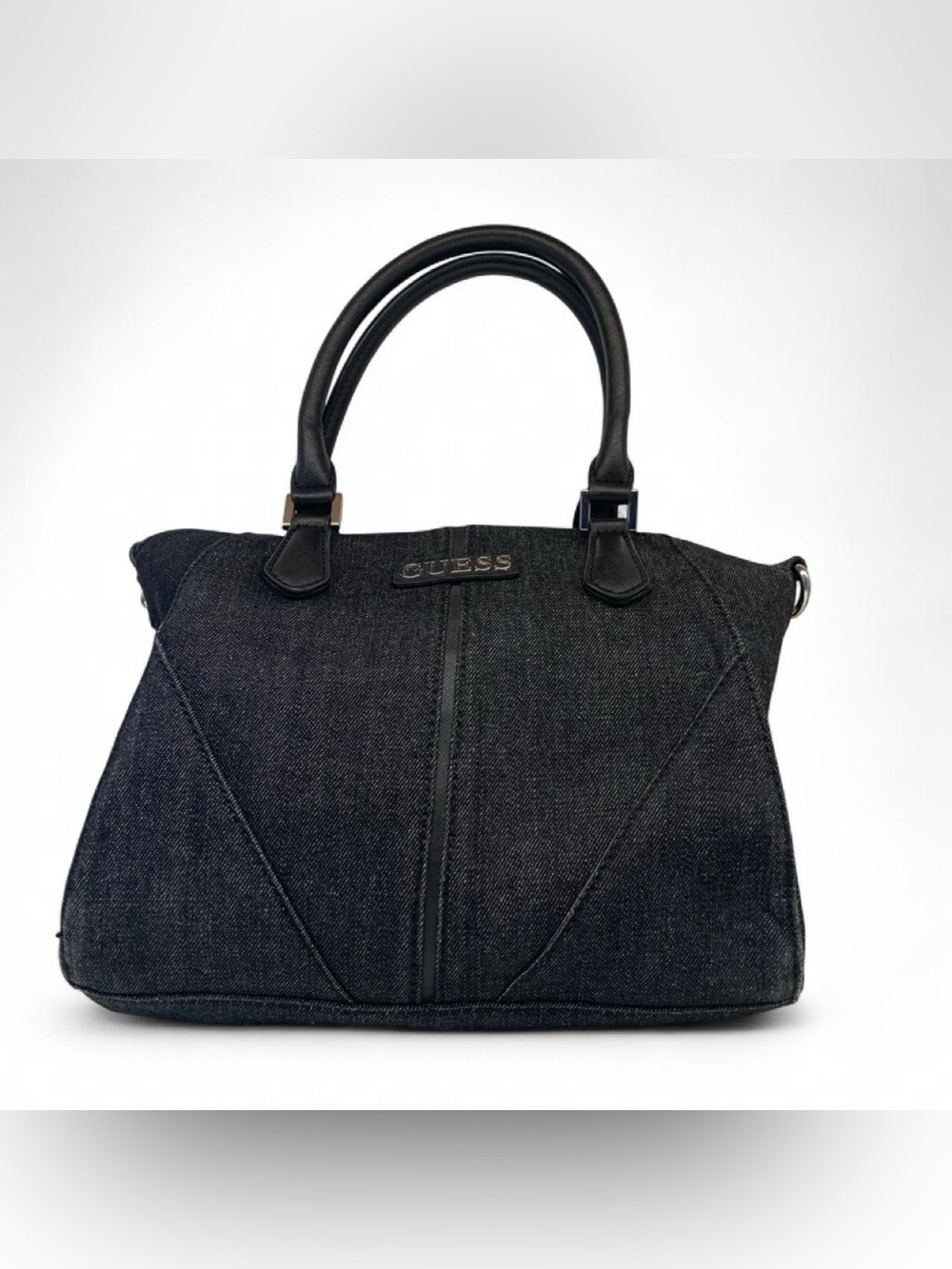 GUESS Dark Denim Blue/Black Satchel Top Handle Bag Zip Closure Strap